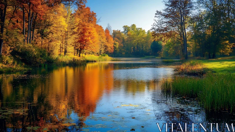 Autumn hardwood forest reflected in calm freshwater lake at noon