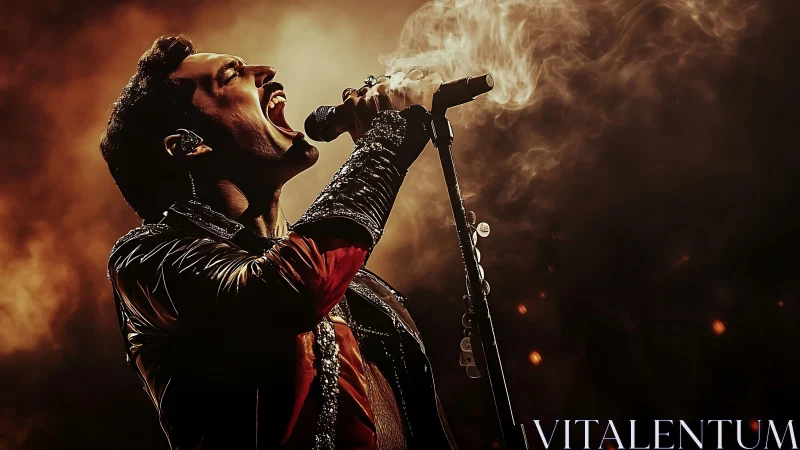 Photorealistic stage vocalist in dramatic smoke-lit profile.