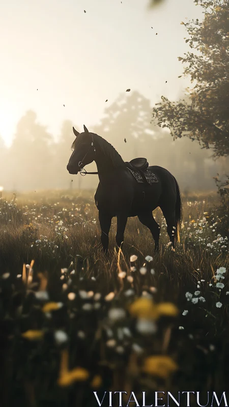Black horse standing in misty wildflower meadow at dawn.