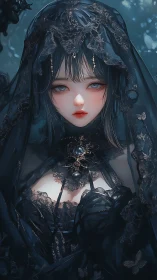 Gothic veiled maiden in high-detail digital noir regalia.
