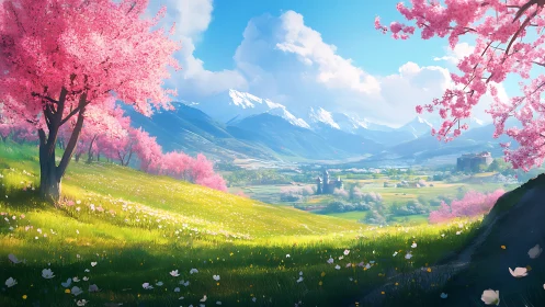 Digital painting landscape with cherry trees and alpine vista.
