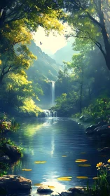 Tranquil forest waterfall glows in soft morning light