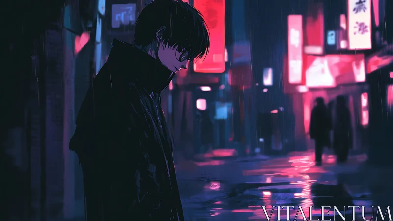 Midnight city stroll under neon rainlit reflections.