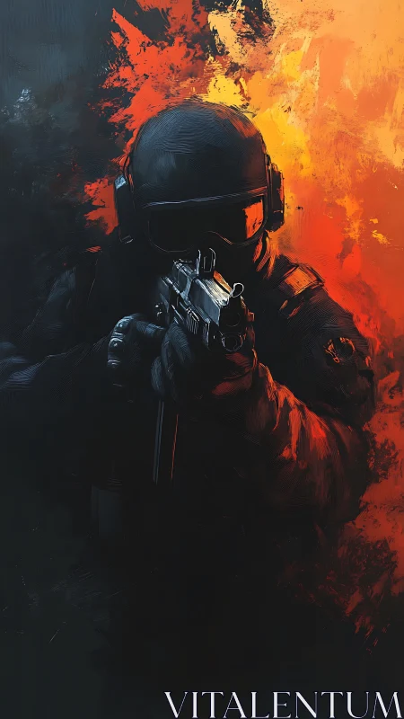 Tactical operator advances through high-contrast inferno lighting
