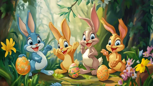 Forest bunny quartet bursts into a bright Easter egg dance