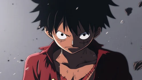 Intense anime hero stands amid drifting debris and shadows.