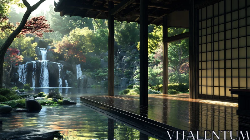 Zen veranda overlooking sunlit forest waterfall garden.