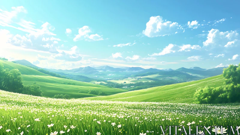 Sunlit flower meadows roll toward distant blue mountains