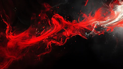 Red and white fluid paint swirl on deep black background.