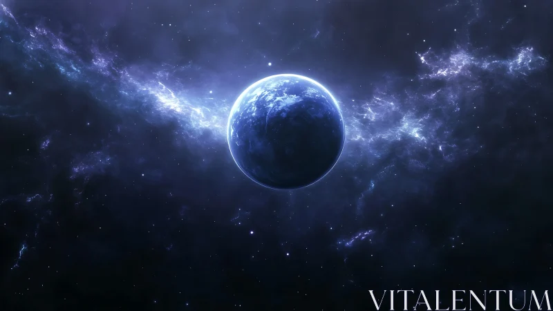 Distant blue planet centered in deep interstellar space.