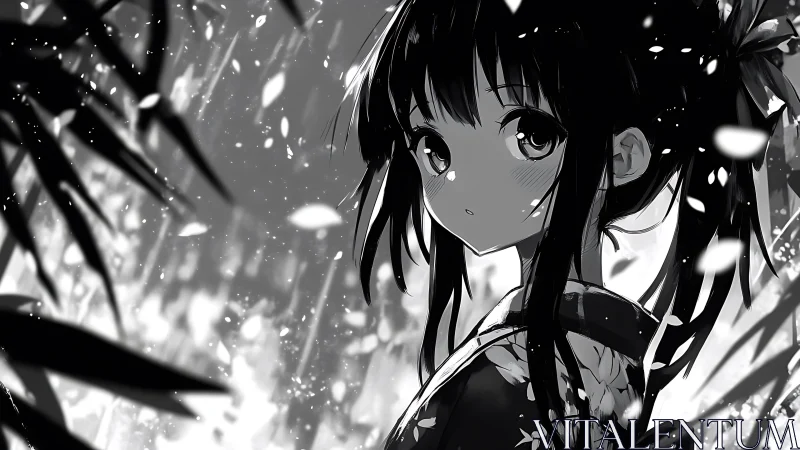 Monochrome anime girl in kimono among falling petals.