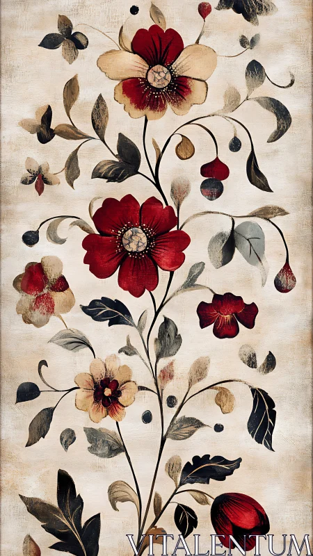Vintage red floral branches curl across a textured canvas