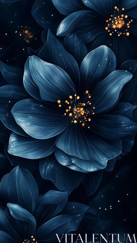 Blue Botanical Elegance: Luminous Petals Against Dark Cosmos.
