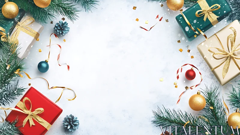 Rectangular frame of Christmas gifts and ornaments surrounds space