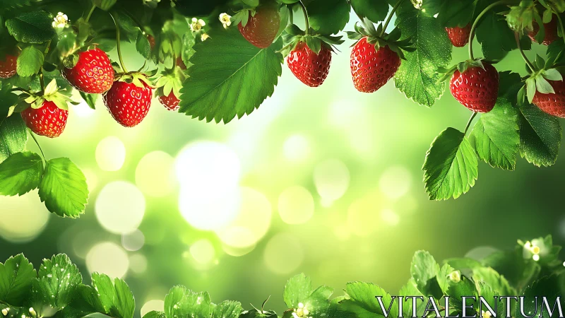 Sunlit strawberry foliage with shallow depth bokeh field