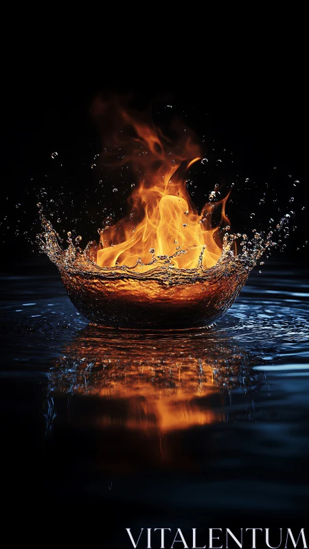 Fire and water collision ignites dynamic explosion centered in black void.