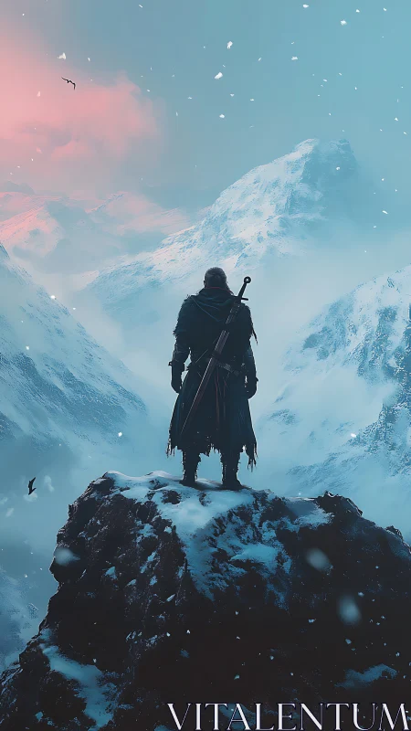 Solitary cloaked warrior surveys vast cyan-lit alpine range