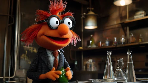 Puppet scientist in laboratory setting with glass vessels.