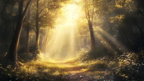 Sunlit forest path glows softly through golden morning mist