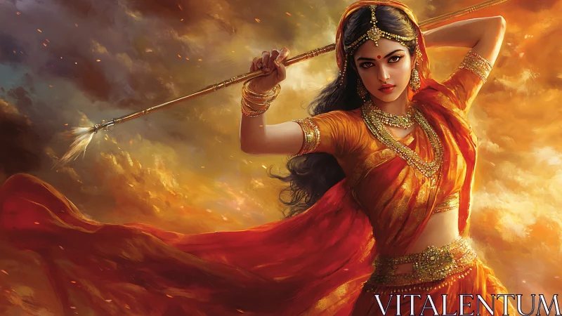 Warrior woman in ornate sari holding spear against clouds.