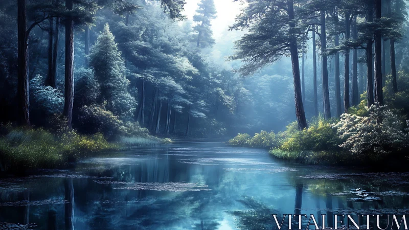 Verdant Forest Corridor with Atmospheric Light Diffusion and Specular Water Reflection