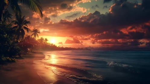 Tropical shoreline burns under saturated sunset sky glow.