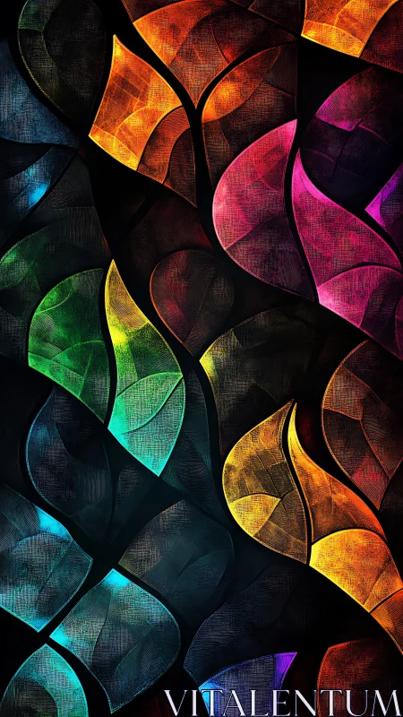 Curved stained glass leaves glow over deep black background