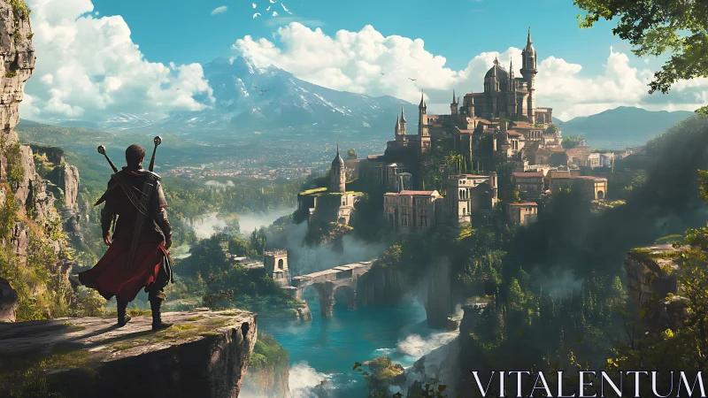 Cloaked adventurer surveys fortified cliff city under glacial peak