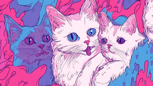 Neon Cats in Digital Dreamscape: Vibrant Surreal Artwork