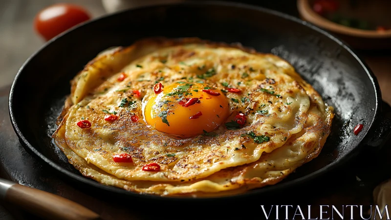 Sunny egg-topped crepe stack in a cozy cast-iron skillet.