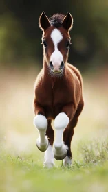Young brown foal running forward on grassy pasture field.