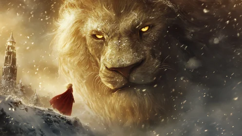 Giant lion visage and cloaked figure in wintry landscape.