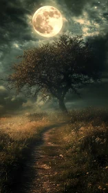 Full moon illuminates lone tree above winding rural path