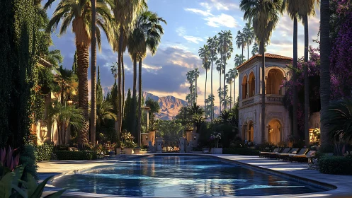 Sunlit luxury villa courtyard with palm-lined pool