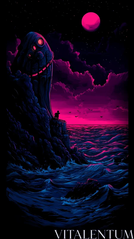 Neon alien monolith above stormy magenta ocean horizon.