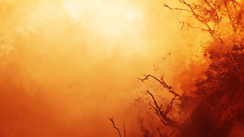 Wildfire Landscape with Burning Branches and Orange Sky