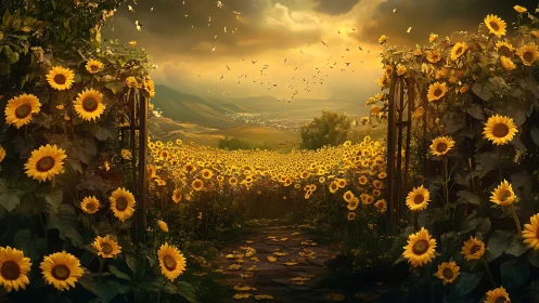 Sunflower field extends beyond dual garden gates at sunset