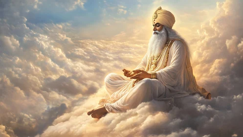 Mystic turbaned sage meditating in radiant cloudscape.