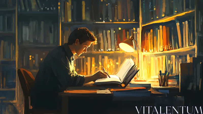 Focused student reading under warm desk lamp in library.