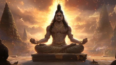 Divine yogi meditates before blazing celestial temples at dawn