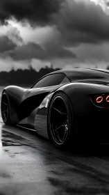 Sleek black supercar on wet track under storm clouds.