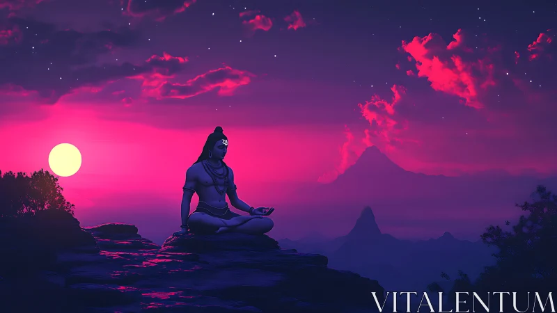 Meditating deity silhouette under neon magenta twilight sky