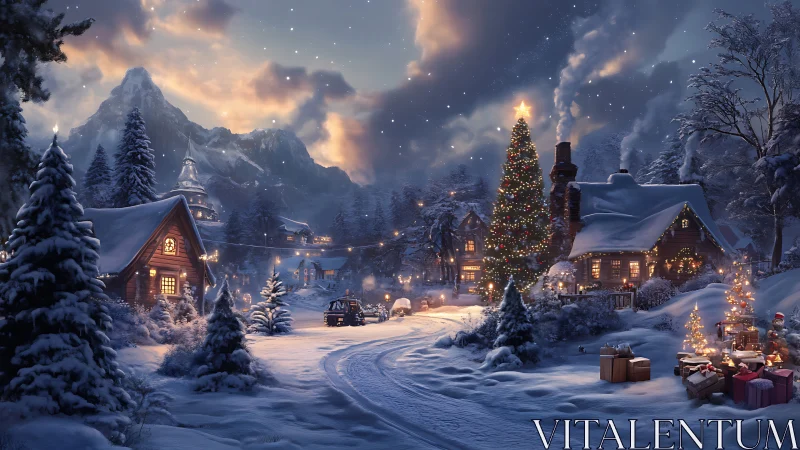 Snowy alpine village glows with cozy Christmas magic at dusk.