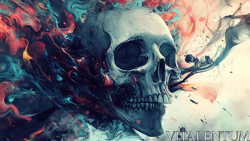 Surreal skull dissolves into swirling colored smoke and energy.