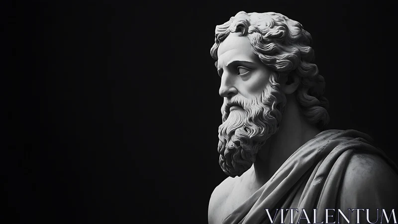 Classical marble bust of bearded man on dark background.