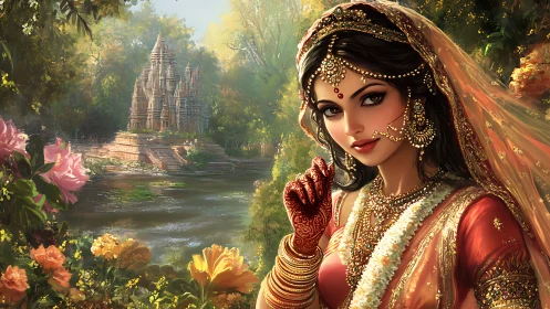 Ornate Indian bride portrait before riverside temple sanctuary