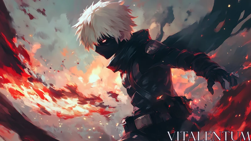 Masked white-haired warrior commands swirling crimson fire.