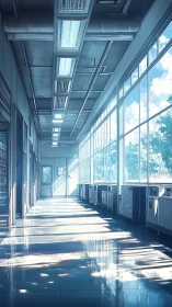 Sunlit science hallway sketching quiet blue futures.