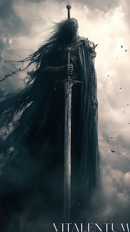 Dark armored wraith grips colossal sword amid storm clouds