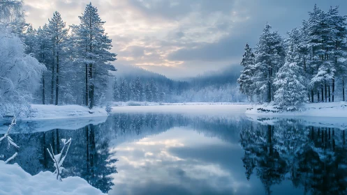 Snow-laden forest mirrored on a tranquil winter lake at dusk.